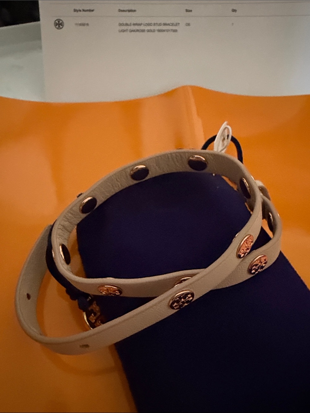 Tory Burch Beige Double-Wrap Leather Bracelet with Gold Logos